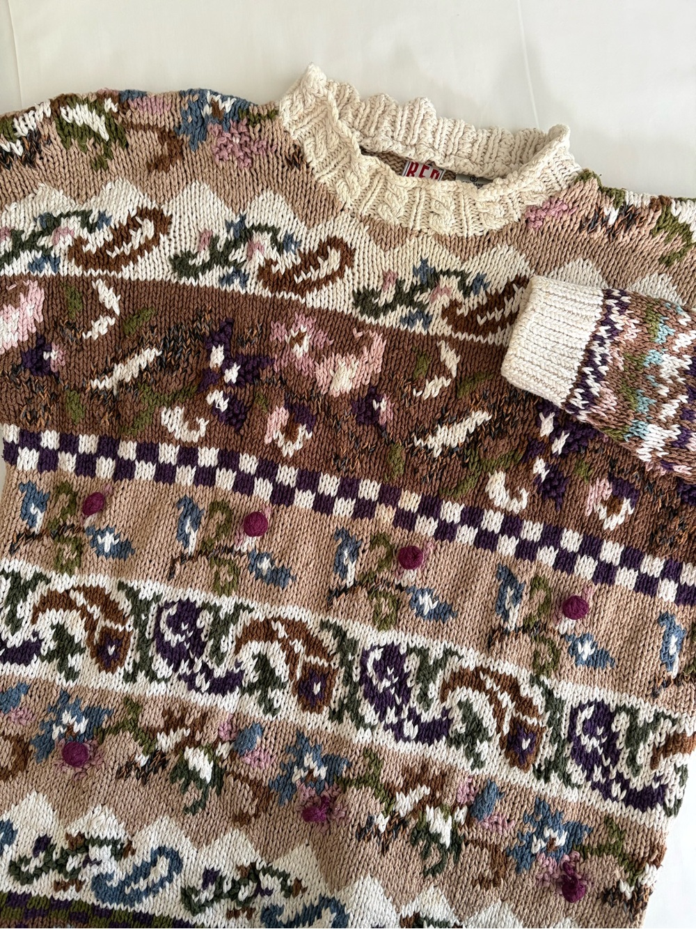 Vintage Red Camel Multi Pattern Knit Sweater S Ramie Cotton Floral Cottagecore